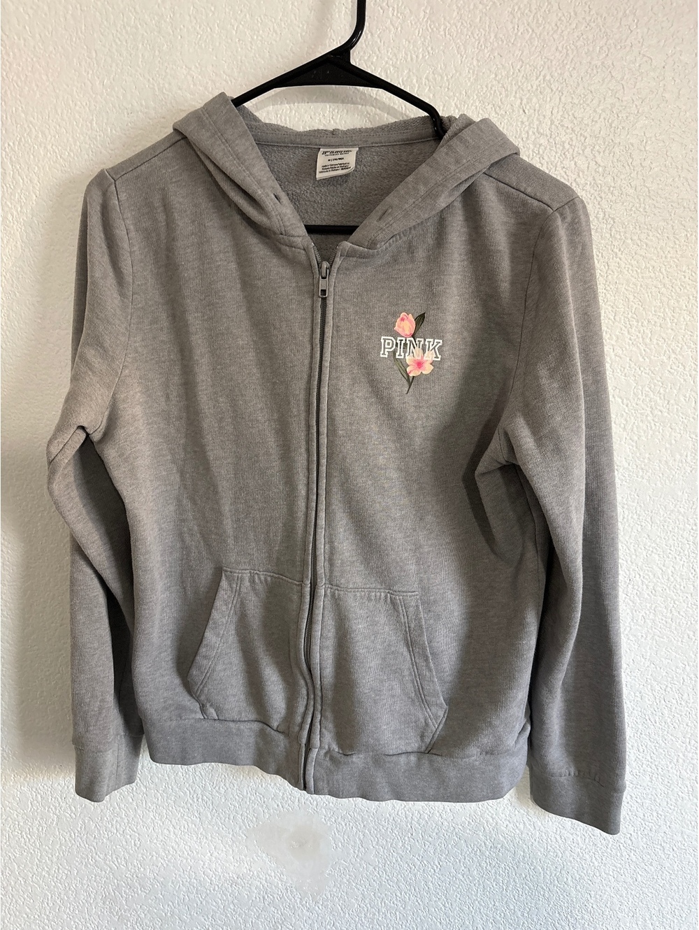 Victoria's Secret PINK Gray Zip-Up Hoodie with Floral Print, Size Medium